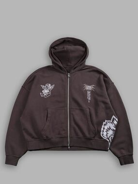 Darc Sport Brown Graphic Zip-Up Hoodie with White Prints